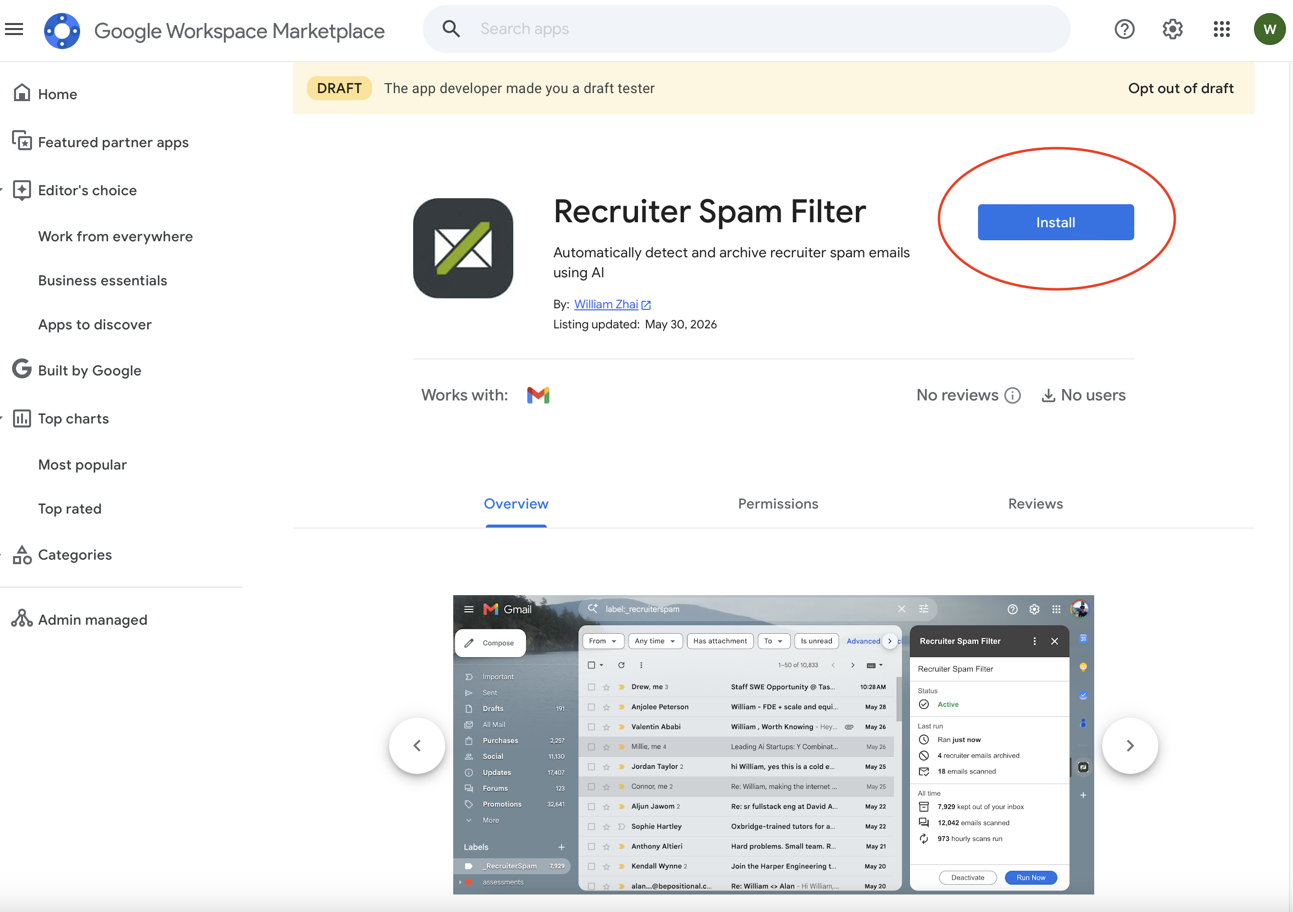 Marketplace listing showing the Install button