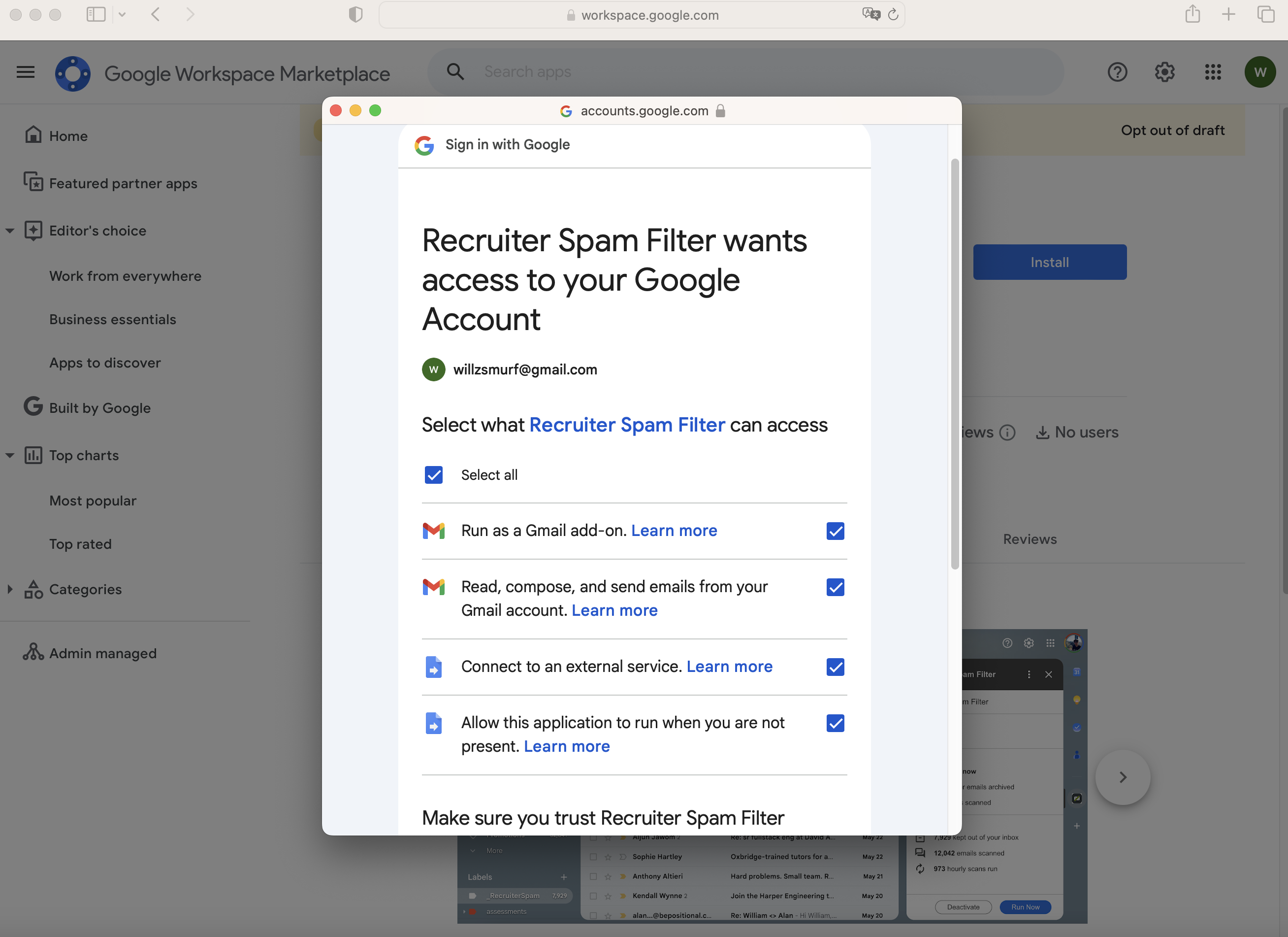 Gmail permissions screen showing required access