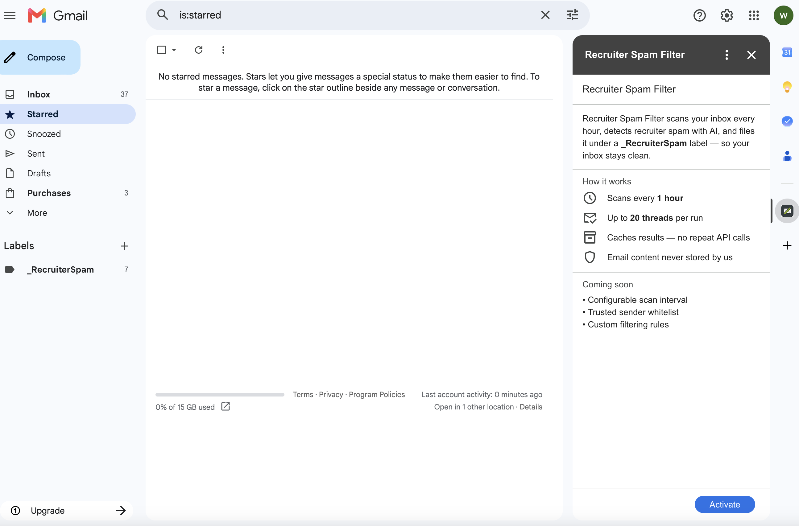 Gmail sidebar showing the add-on before activation
