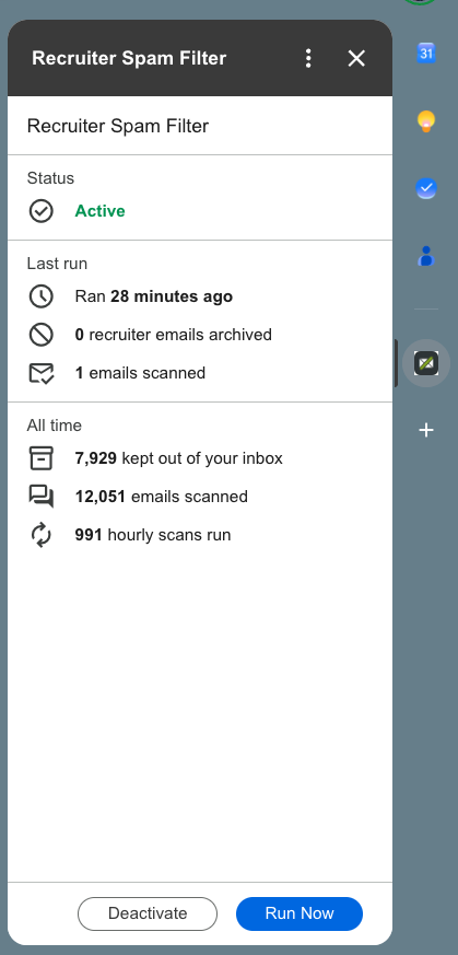 Activated sidebar showing Active status and Run Now button
